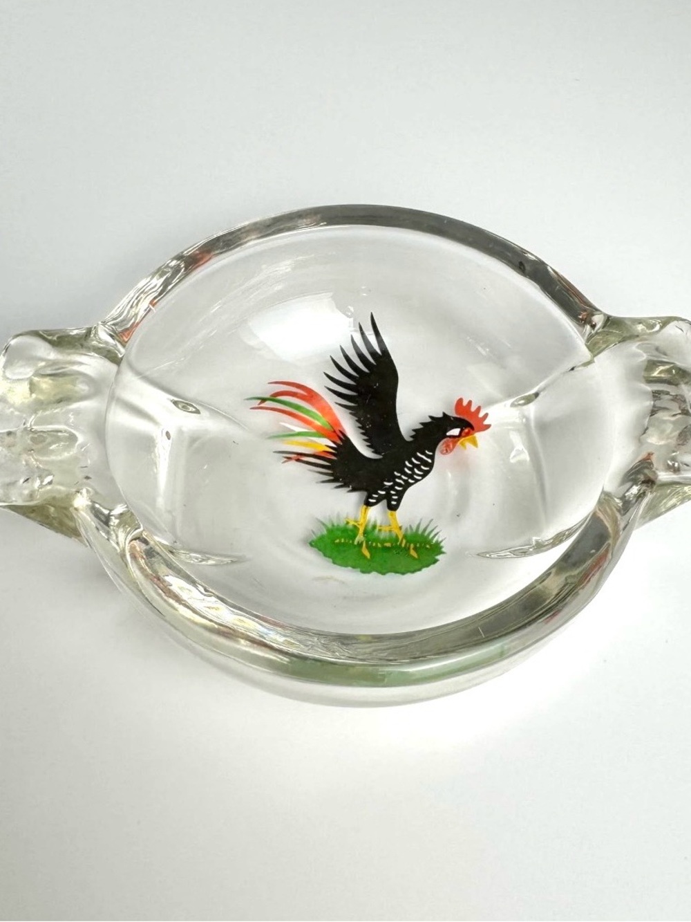 Clear Glass Ashtray with Colorful Rooster Motif